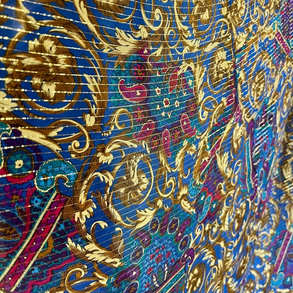 Vintage Oscar de la Renta Studio Gold Stripe Ornate Jewel Tone Silk Square Scarf